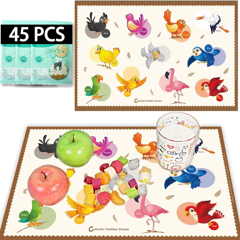 KAshack 45 Pack Sticky Disposable Placemats for Baby & Toddlers,Cute Color Bird Toddler Placemat 12"x18" Kids Table Mat for Party, Picnic Table, Restaurants Dining Table Travel Essentials for Toddlers - Image 1